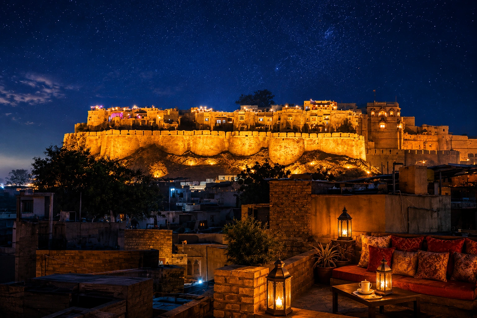 Jaisalmer Fort lit up at night under a starry sky