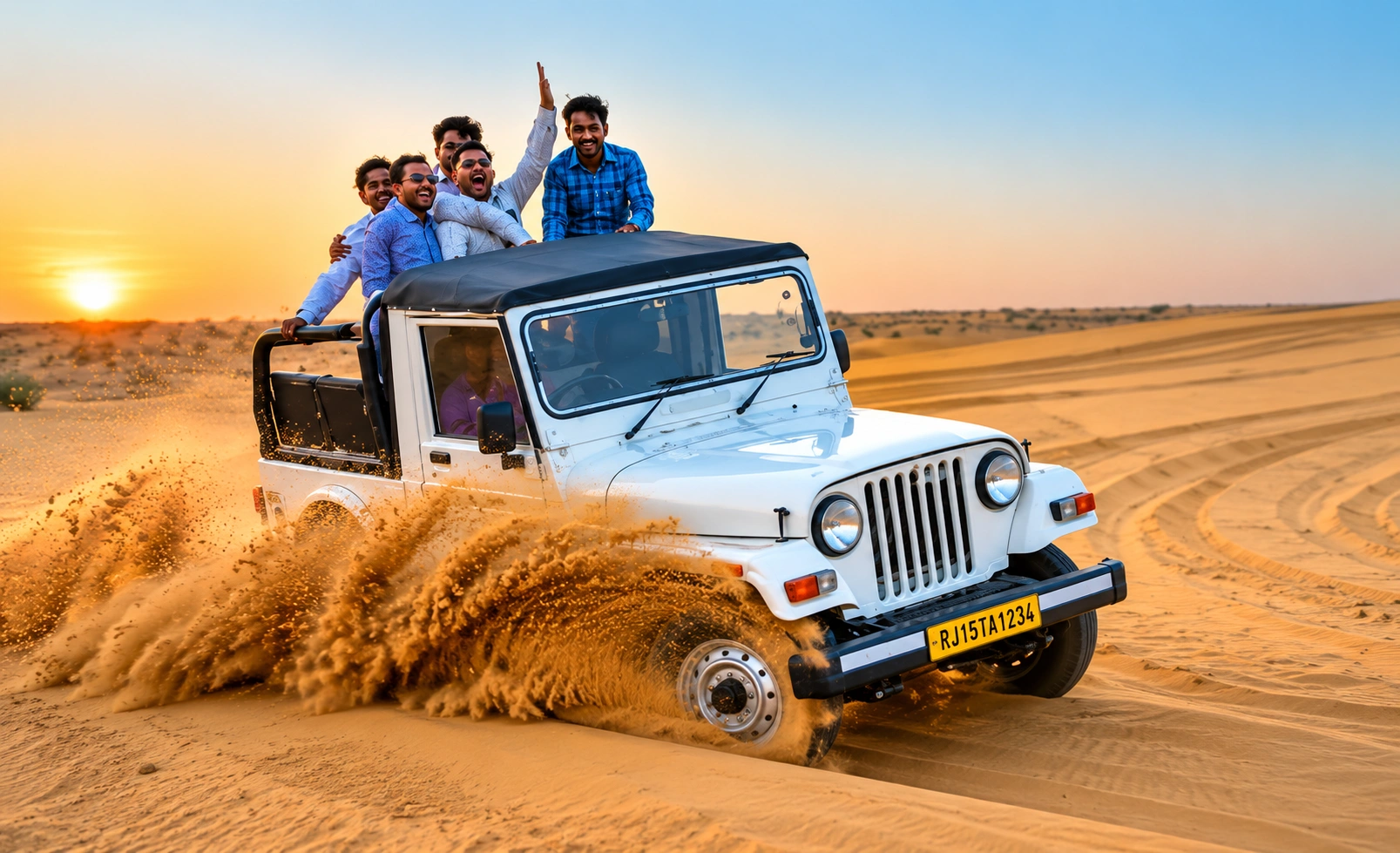 Jeep safari kicking up sand on the Sam dunes at sunset